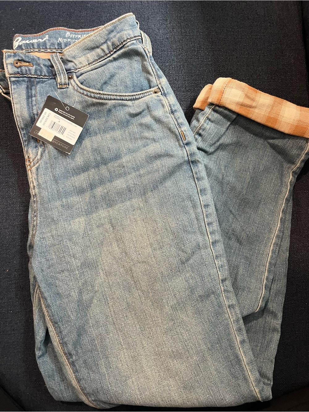 Eddie Bauer Light Blue Boyfriend Jeans with Cuffed Plaid Fleece Lining